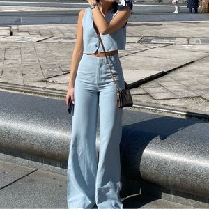 blue set- vest and long linen pants from Zara